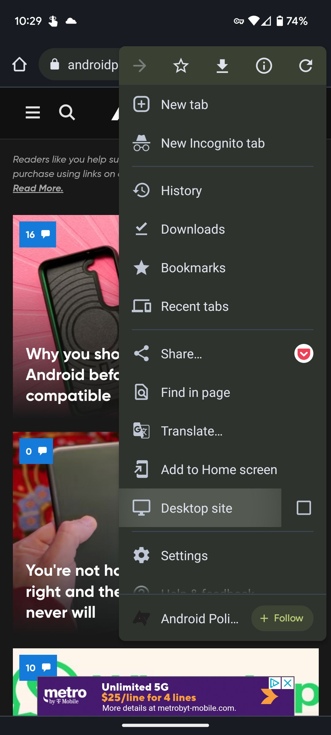 The Chrome menu with the Desktop site option highlighted