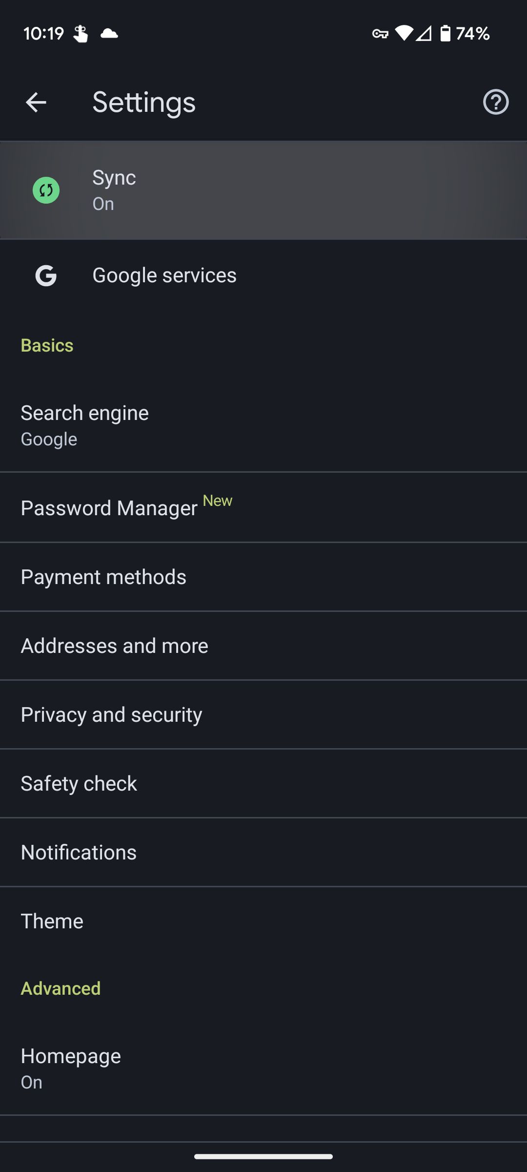 The Chrome mobile app's Settings section with the Sync option highlighted