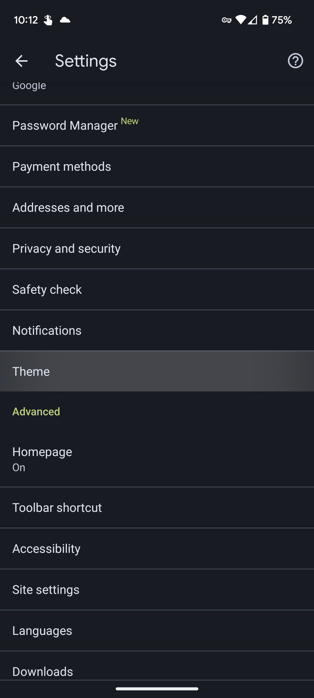 The Chrome app Settings menu with the Theme option highlighted