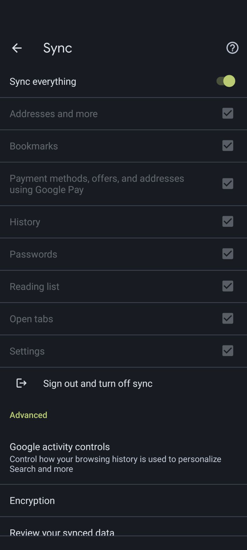 The Sync options in the Chrome mobile app