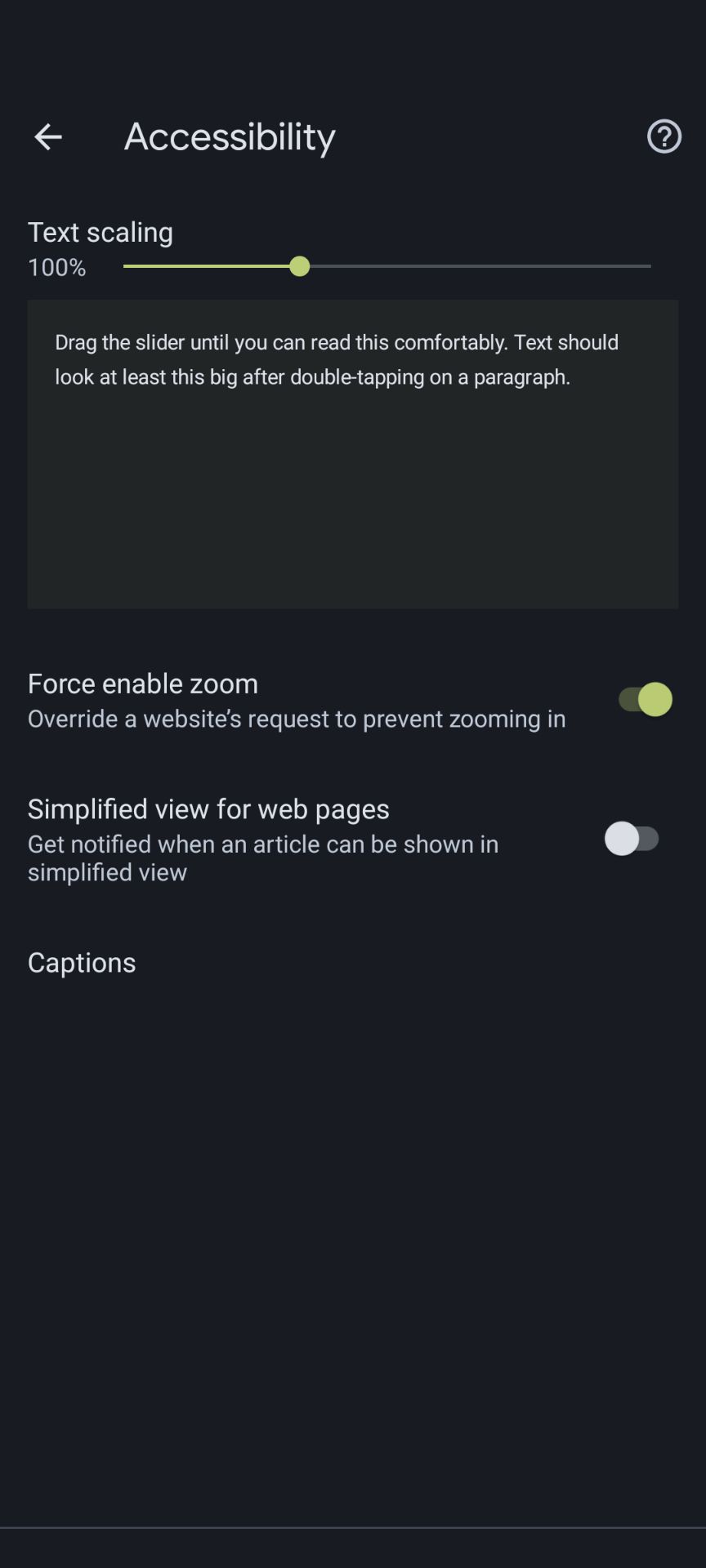 The Accessibility options in the Chrome mobile app