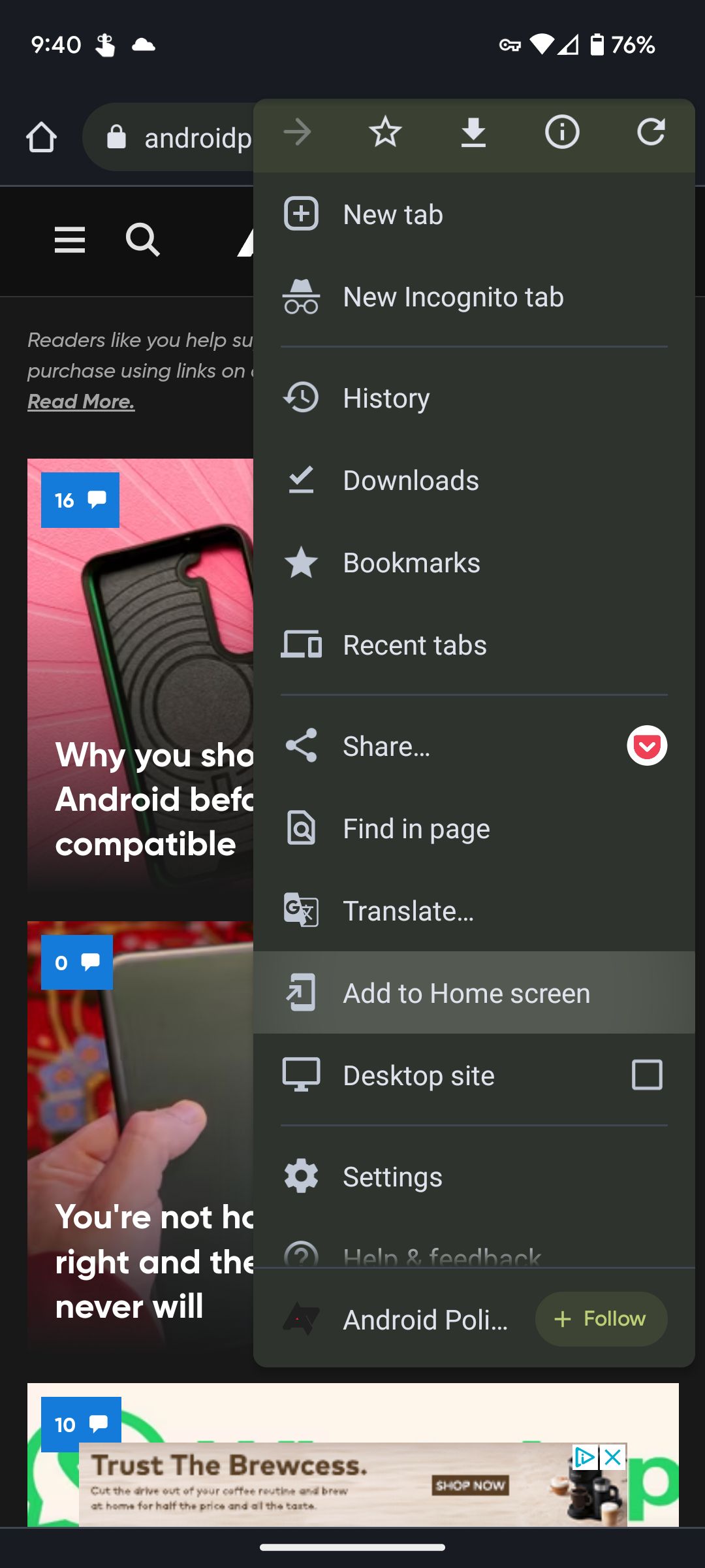 The Chrome mobile app Settings menu with the Add to Home screen button highlighted