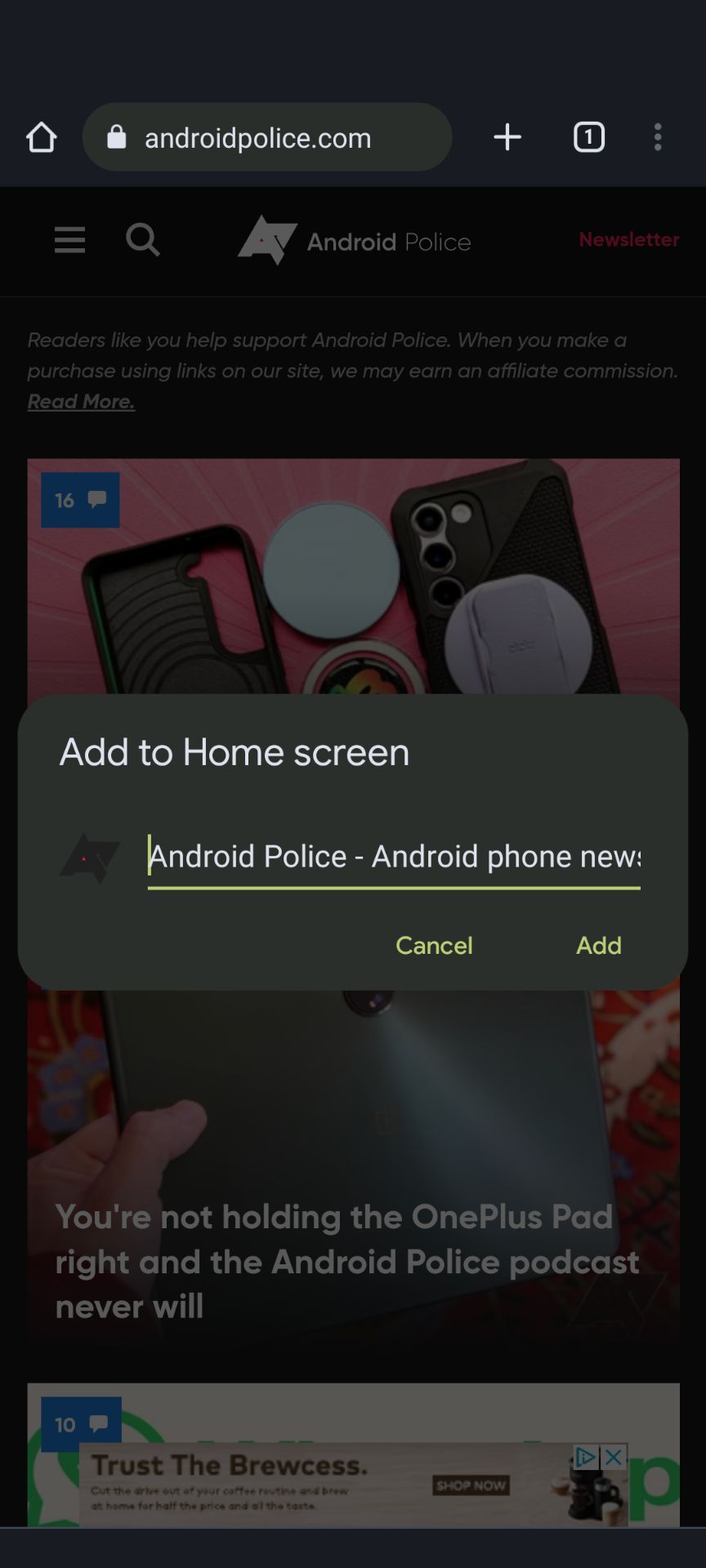 The Add to Home screen dialog box in the Chrome mobile app