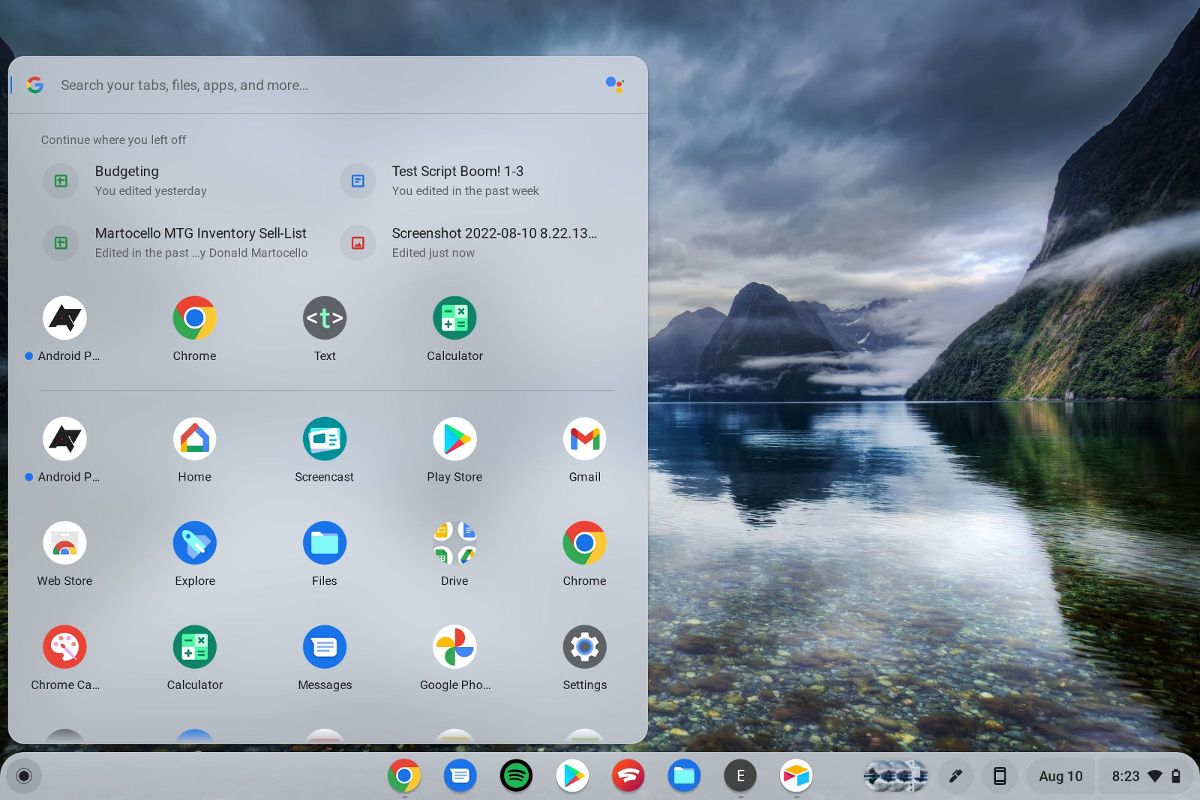The Chromebook launcher showing apps and recently opened files on a Chromebook