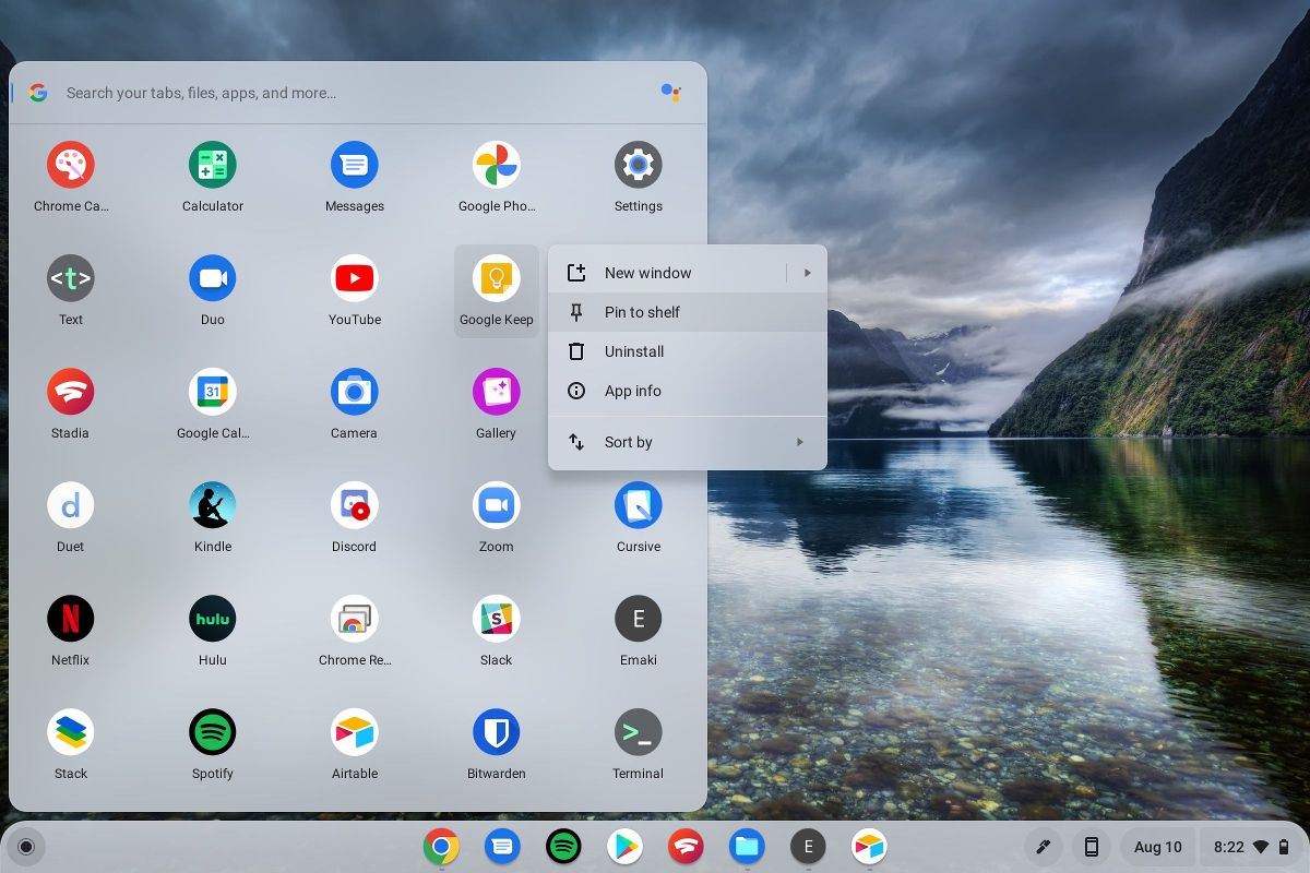 The Chromebook launcher open with the right-click menu open for the Google Keep app and the "Pin to shelf" option highlighted