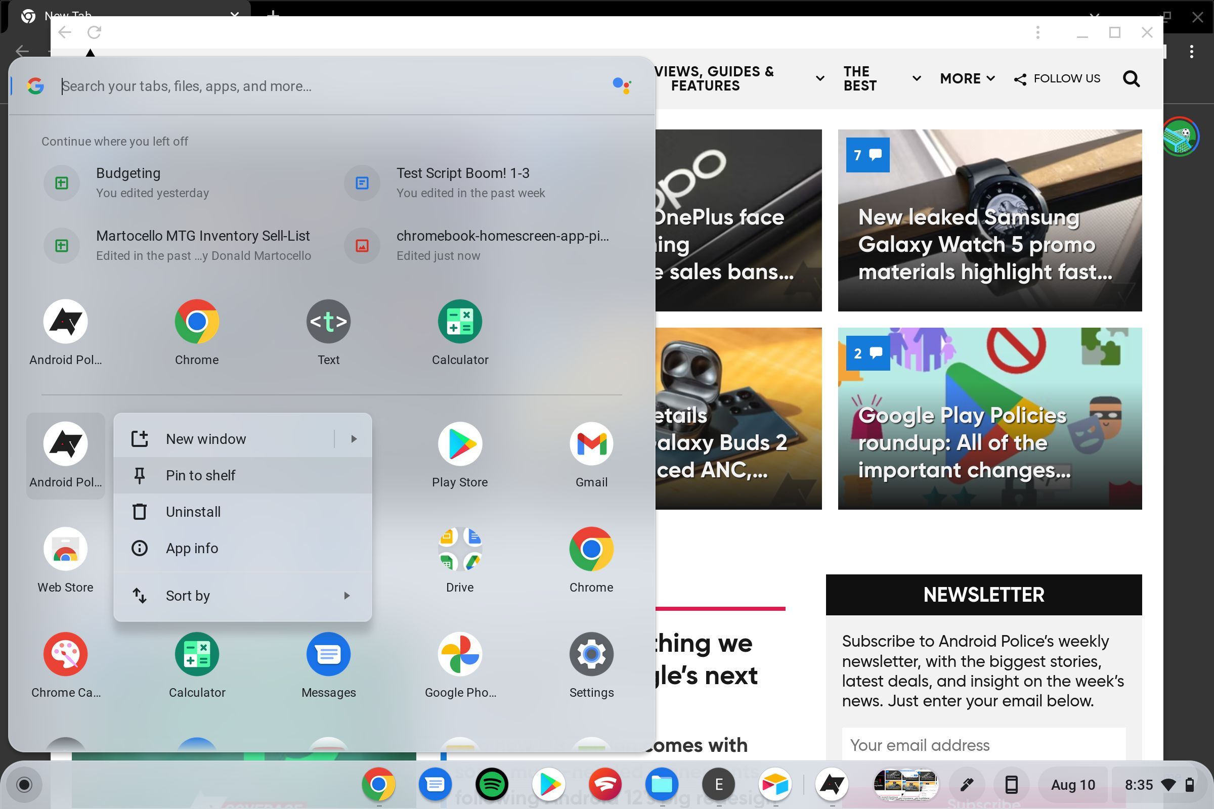 A highlighted website shortcut in the launcher being pinned to the shelf.
