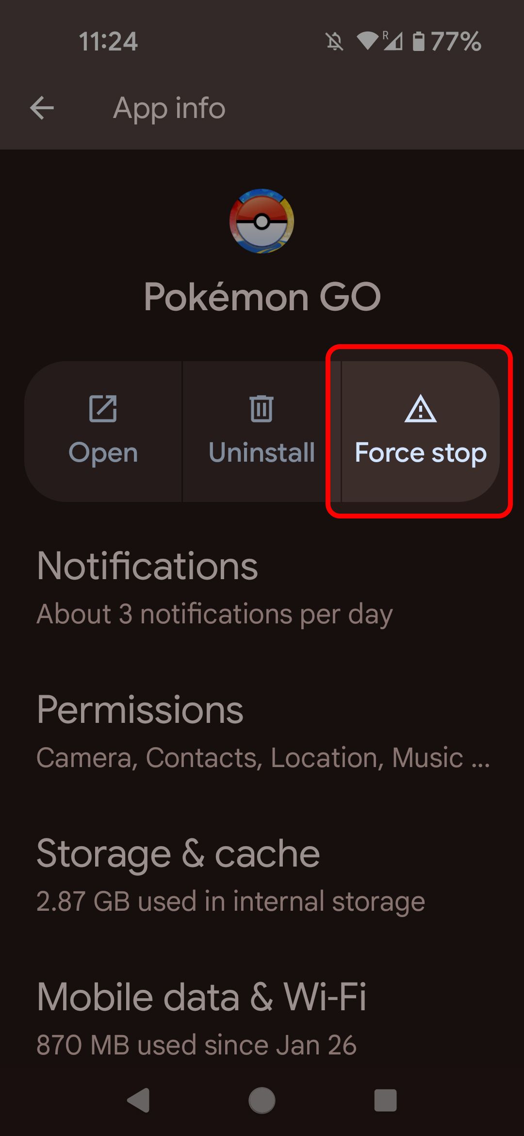Android app info menu highlighting Force stop option