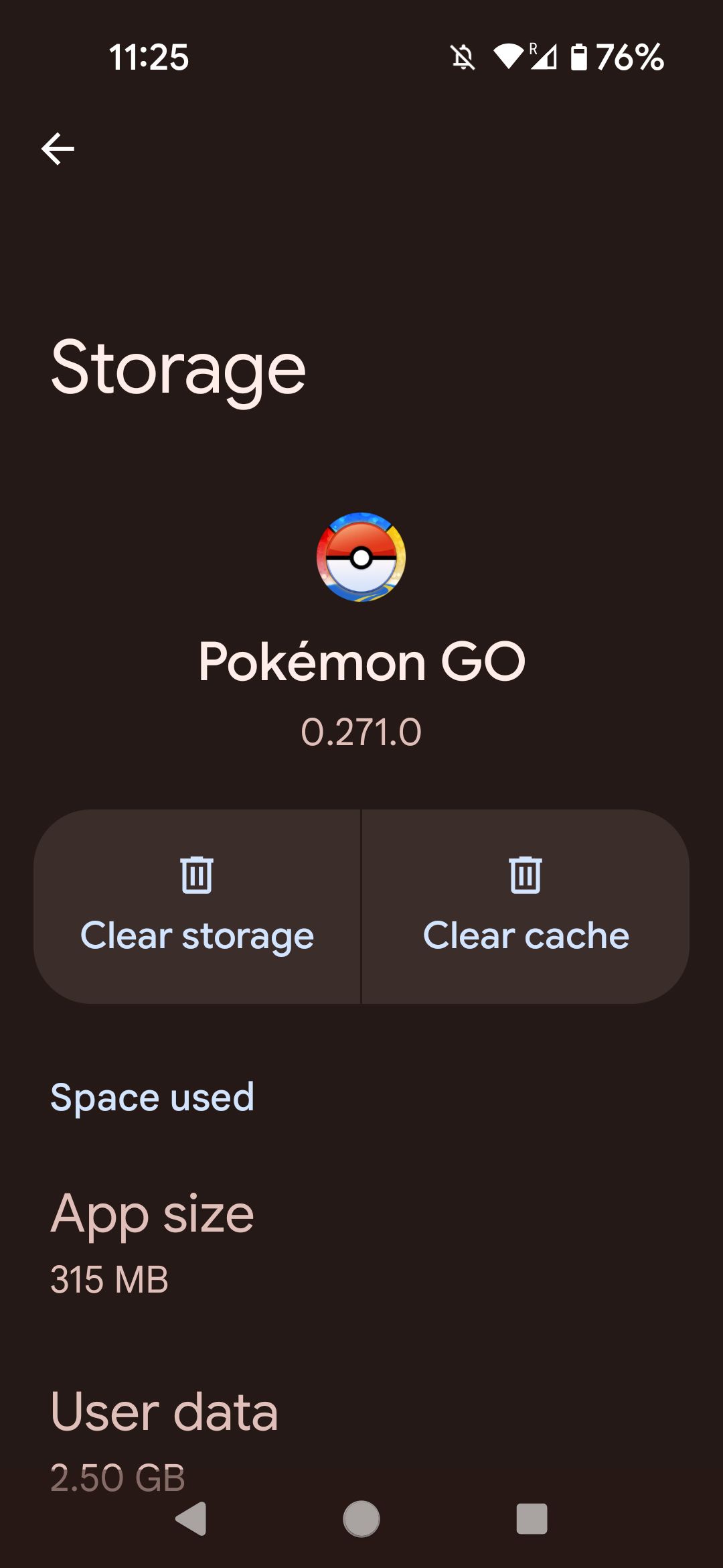 Android app storage menu