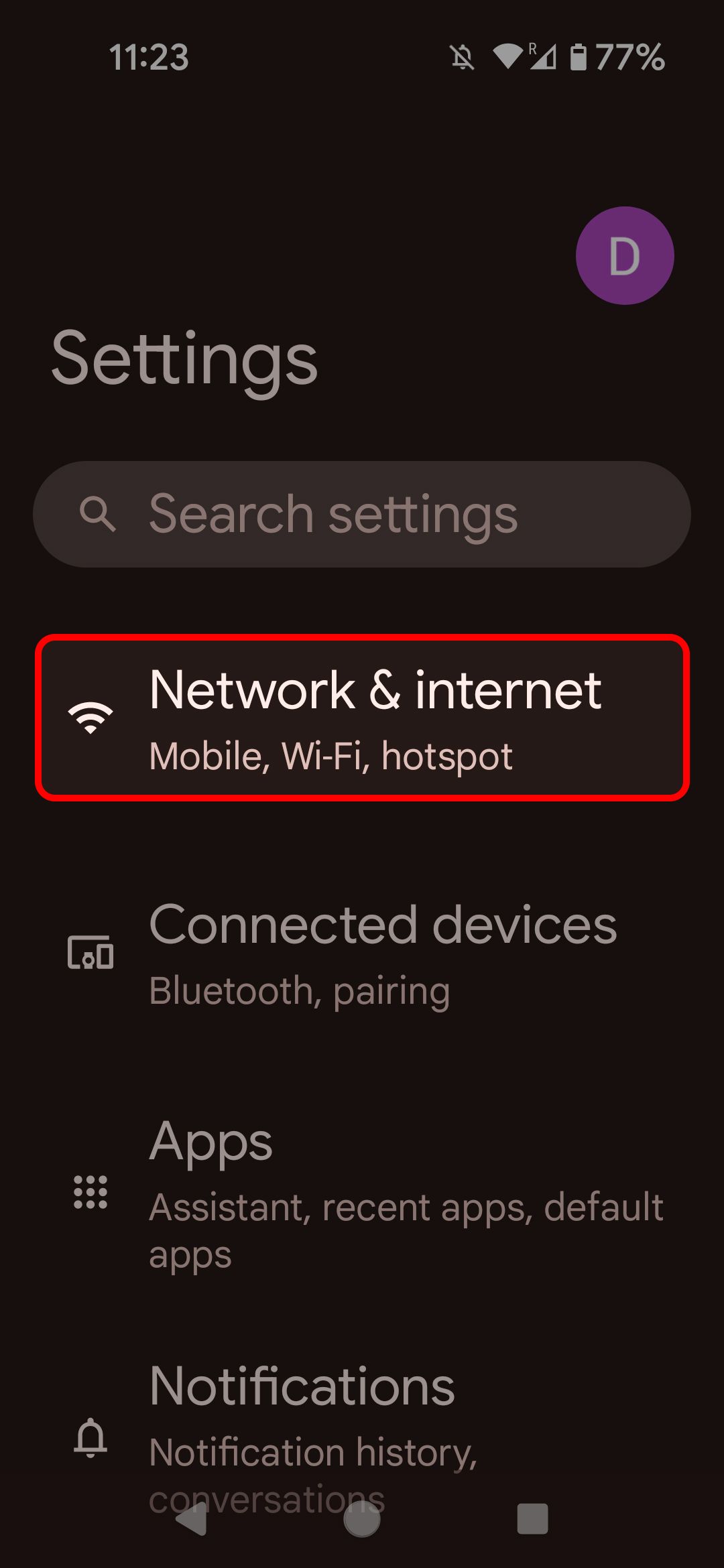 Android settings menu highlighting the Network & Internet option