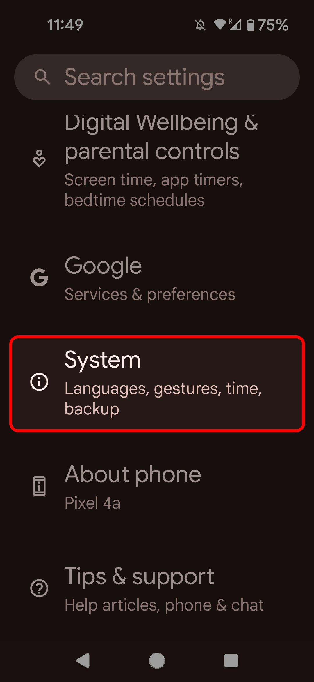 Android settings menu highlighting the System option