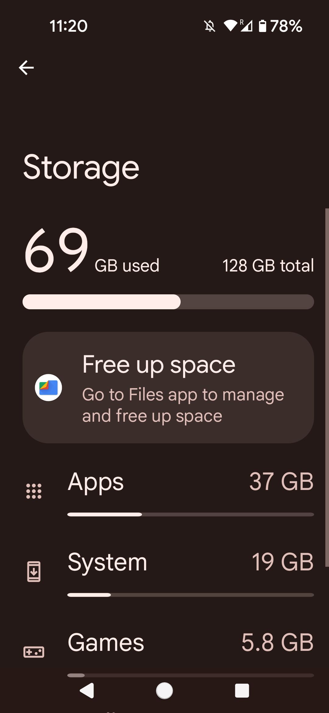 Android storage menu