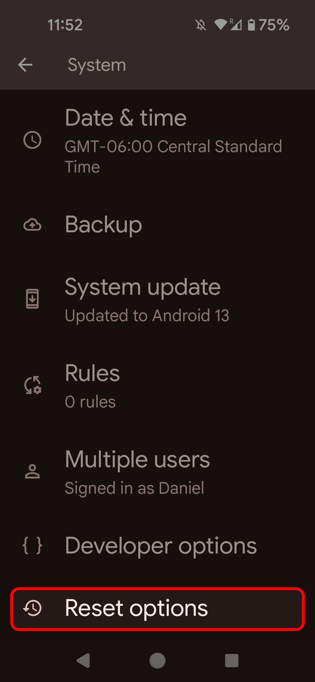 Android system menu highlighting the selection of reboot options
