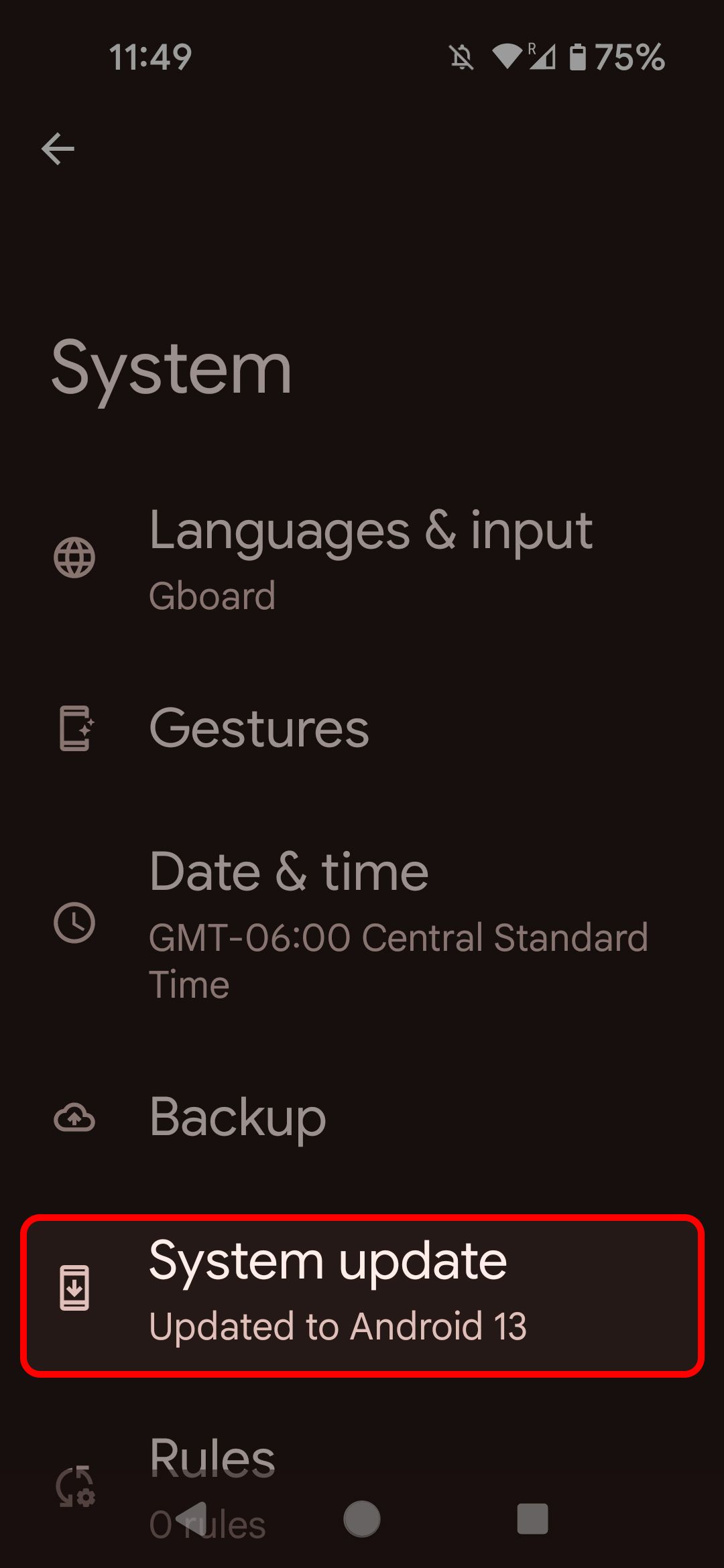 Android system menu highlighting the system update option