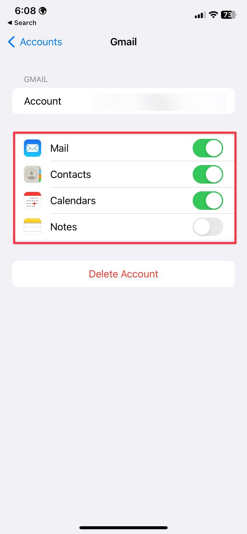 Syncing details on iphone Google account settings page.