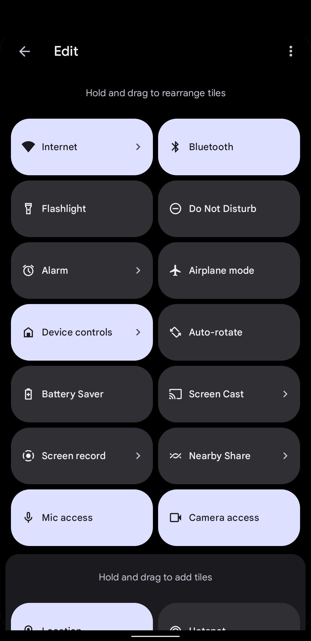 Quick Settings page in edit mode