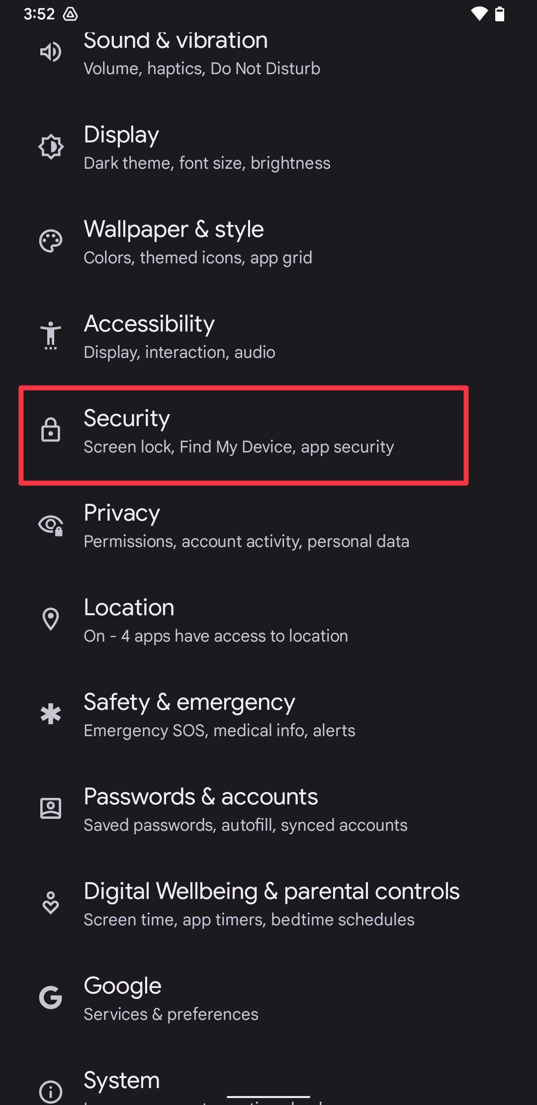 Android Security setting screenshot