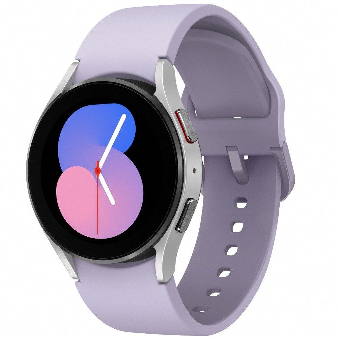 Samsung Galaxy Watch 5 with a purple band on a white background