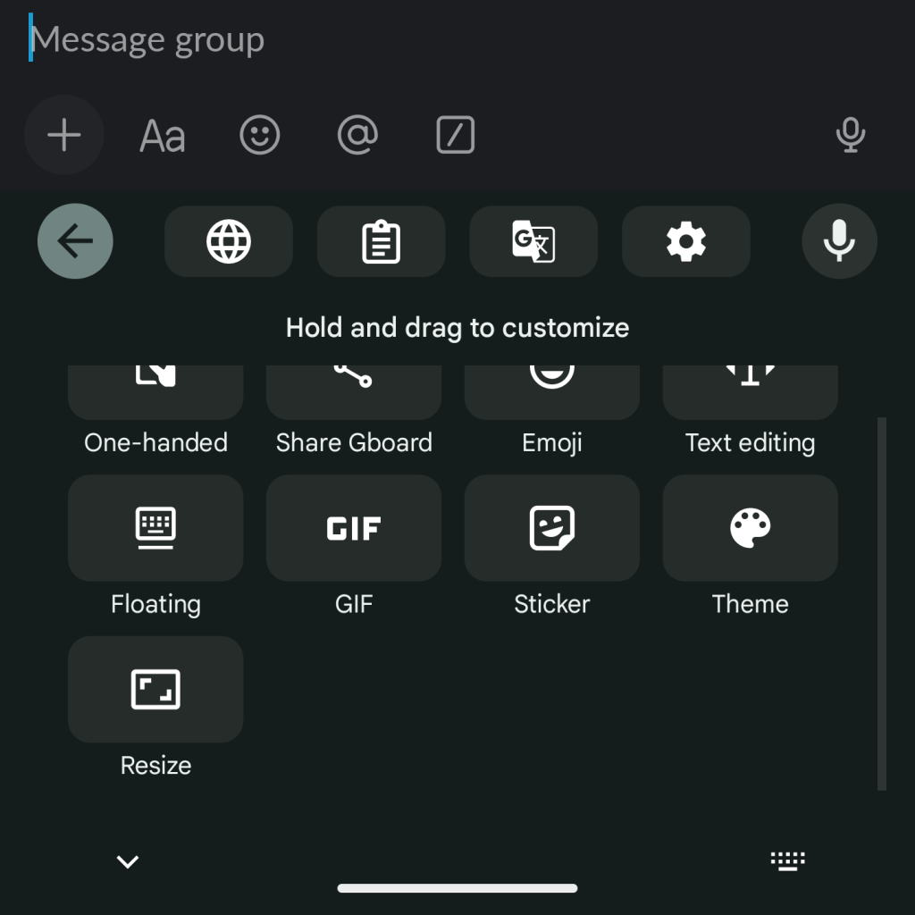 Screenshot of Gboard's toolbar, with new Resize option visible in the bottom left