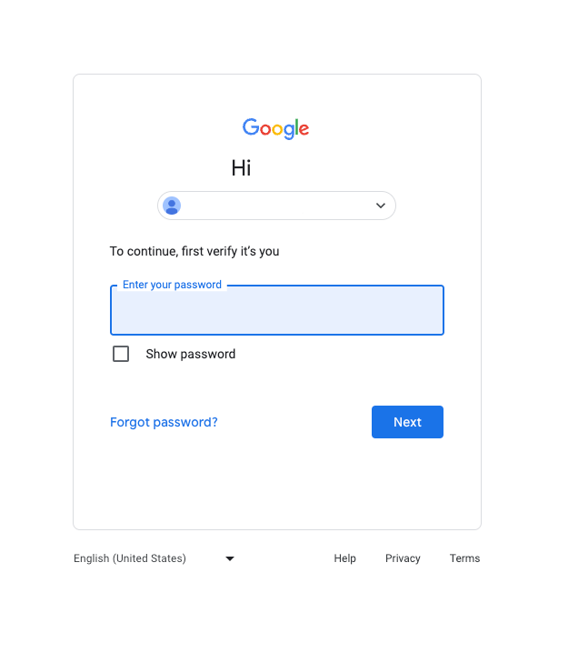 A página de autenticação do Google com um campo de senha vazio
