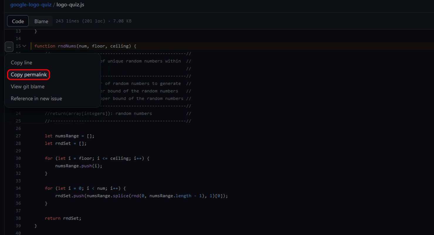 GitHub fileview 3-dot menu highlighting the Copy permalink option