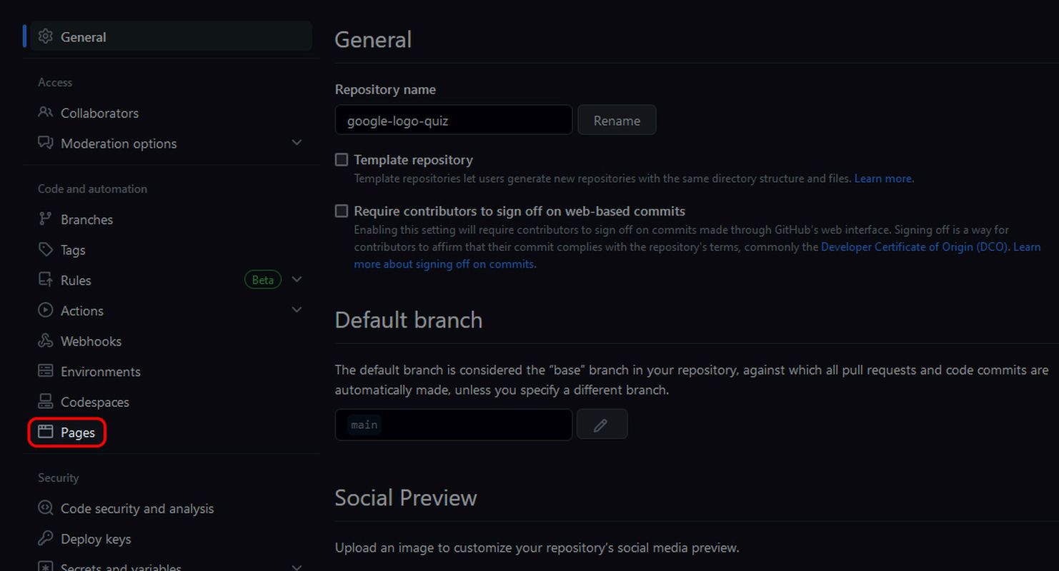 GitHub Settings menu with the Pages link highlighted