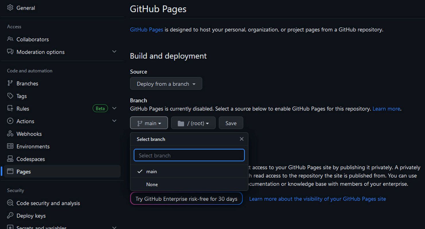 GitHub Pages menu