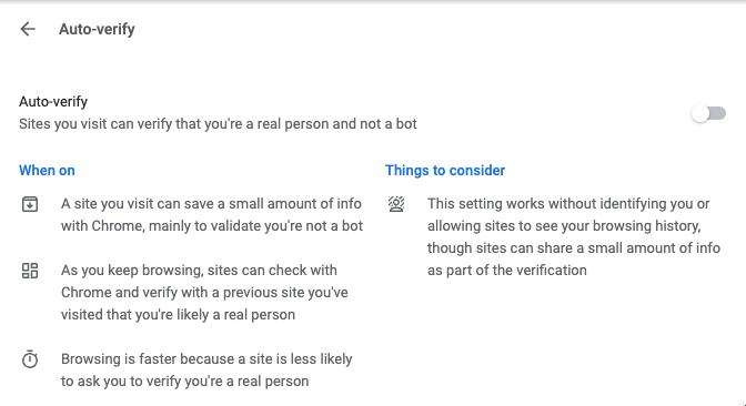 Screenshot of Google Chrome's auto-verify settings page