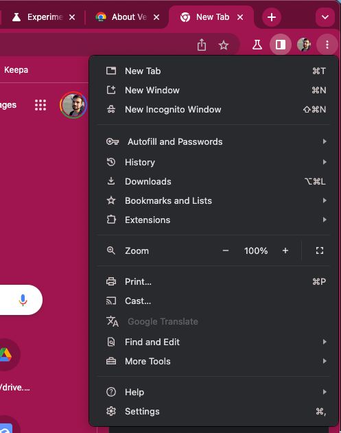 Screenshot of Google Chrome 114's overflow menu with slightly tweaked Material You colors