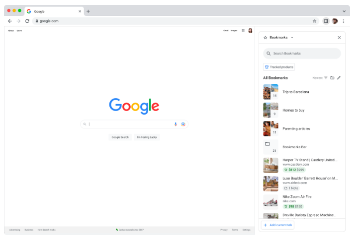 Screenshot of Google Chrome 114's new bookmark sidebar with thumbnail images, filters, and search