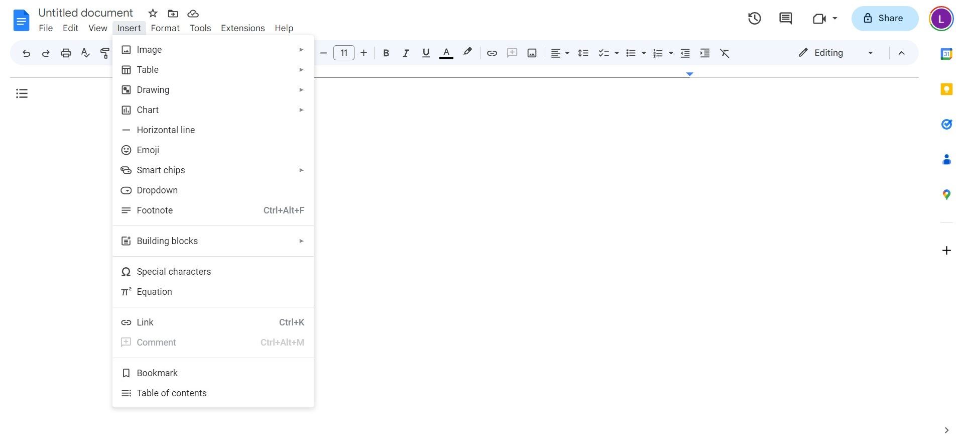 Screenshot shows an empty Google Docs document with the insert drop down menu displayed.