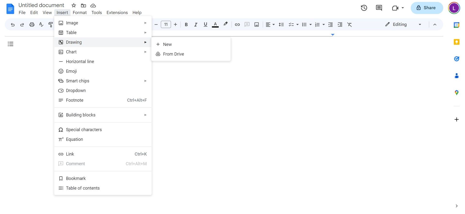 Screenshot shows the 'Drawing' and 'New' options in the insert drop down in Google Docs.