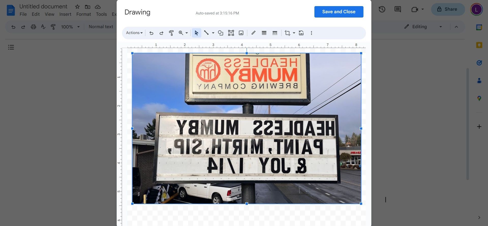 Screenshot shows a horizontally flipped image in Google Docs.