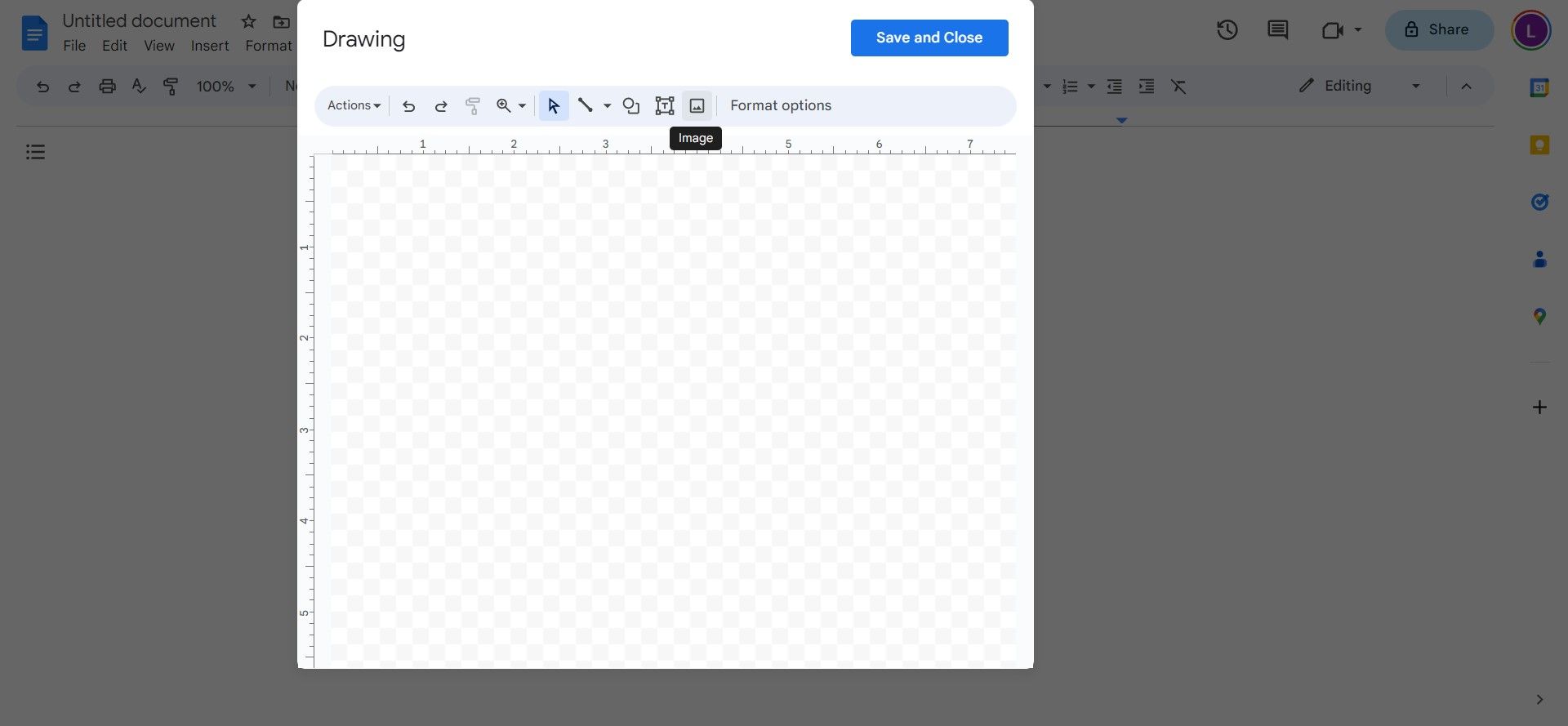 Screenshot shows the insert drawing popup in Google Docs with the image icon highlighted.