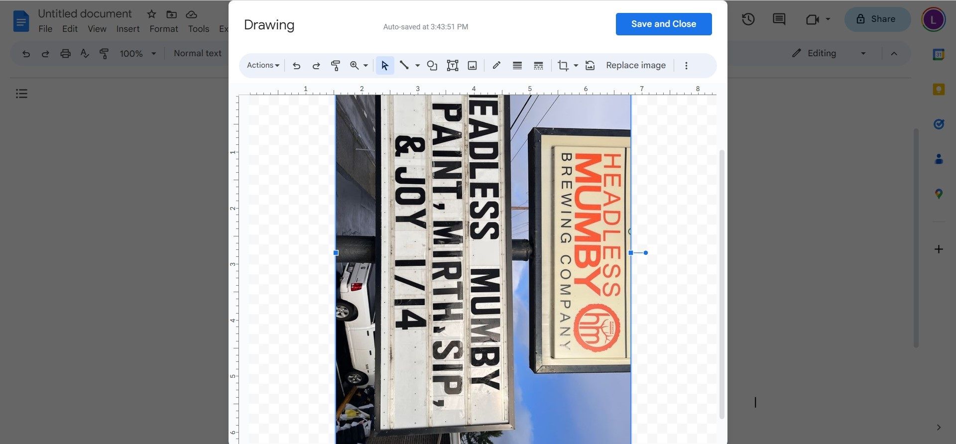 Screenshot shows a rotated image in Google Docs.