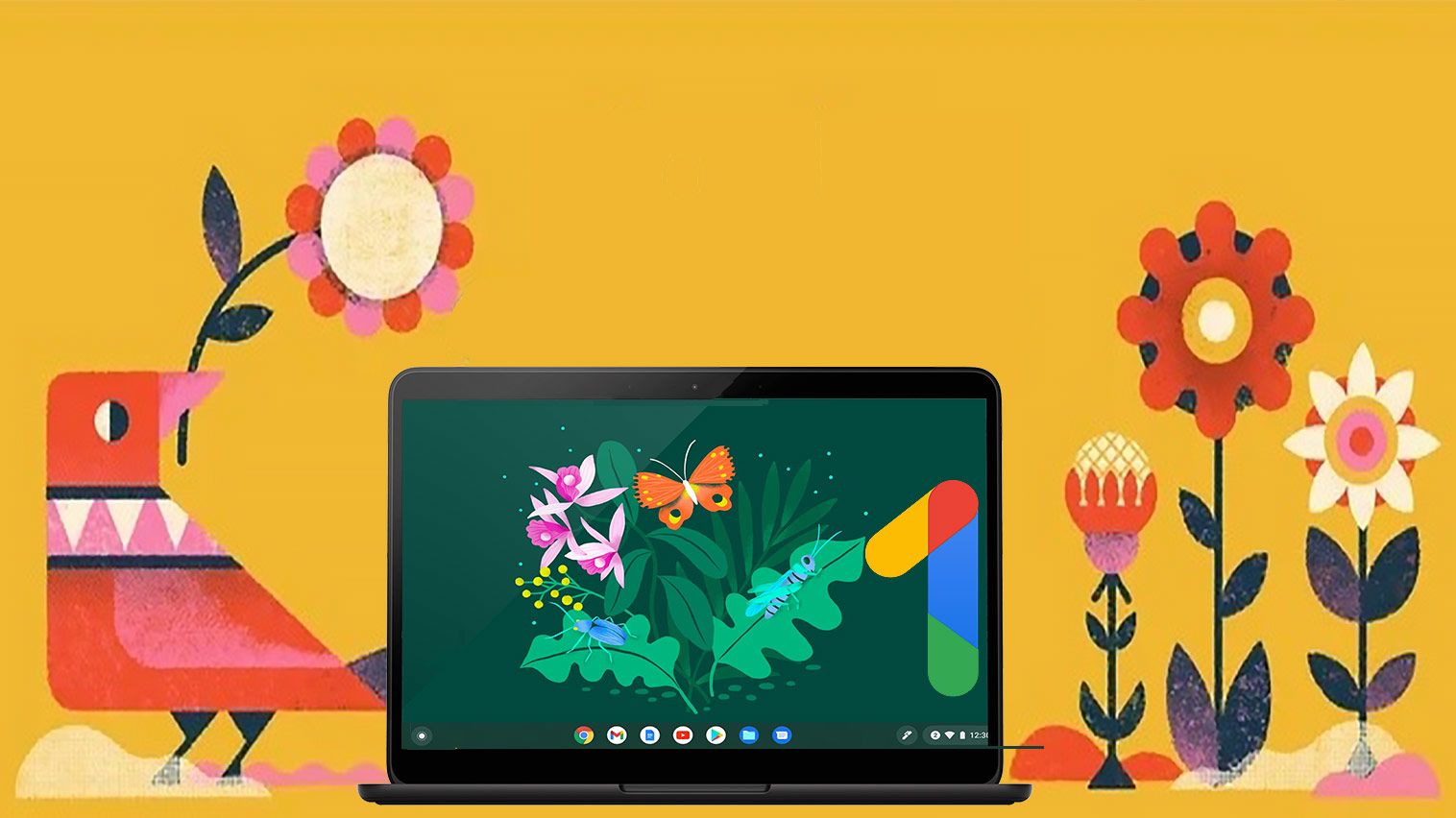 An illustration of red bird, Chromebook, and various flowers against a saffron background