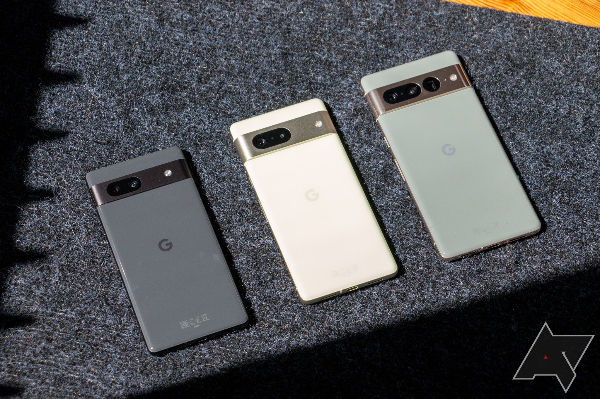The Pixel 7a next to the Pixel 7 and Pixel 7 Pro