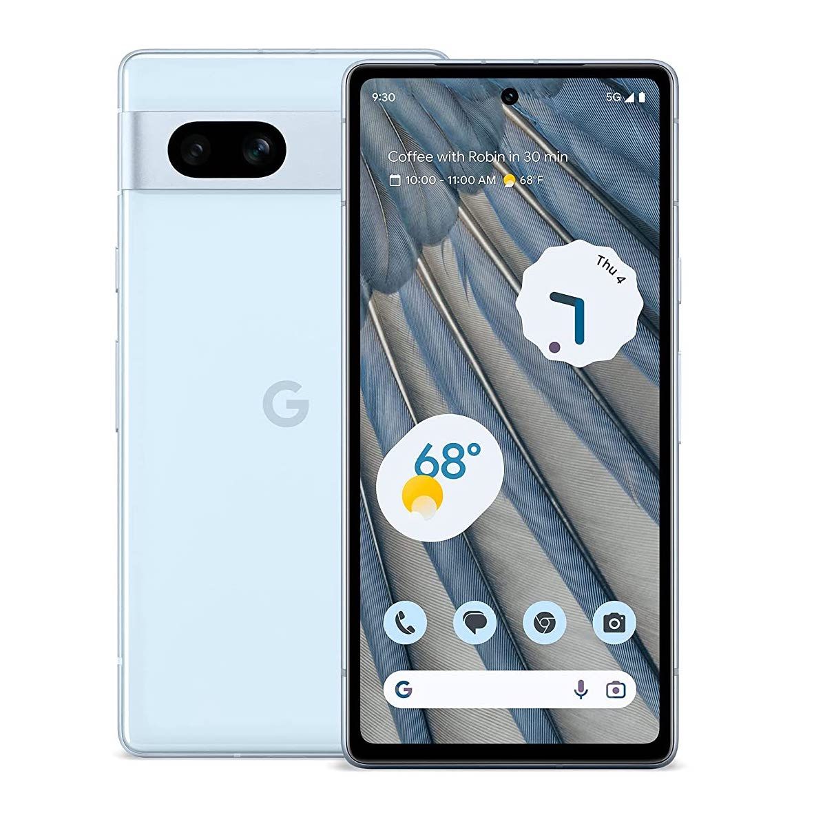 Renderização azul do Google Pixel 7a, frente e verso