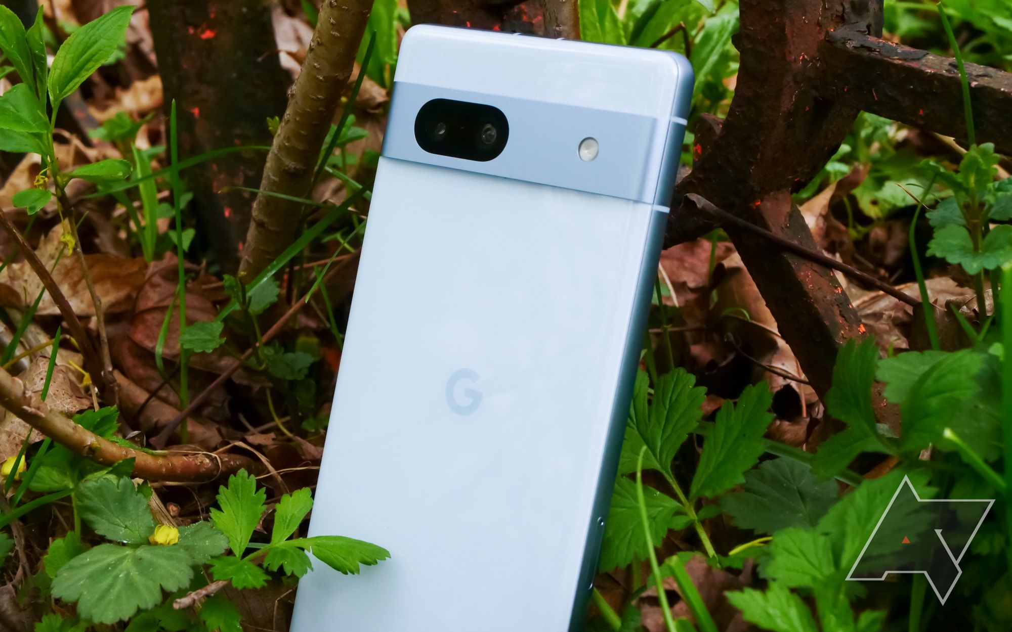 The Google Pixel 7a against green plants.