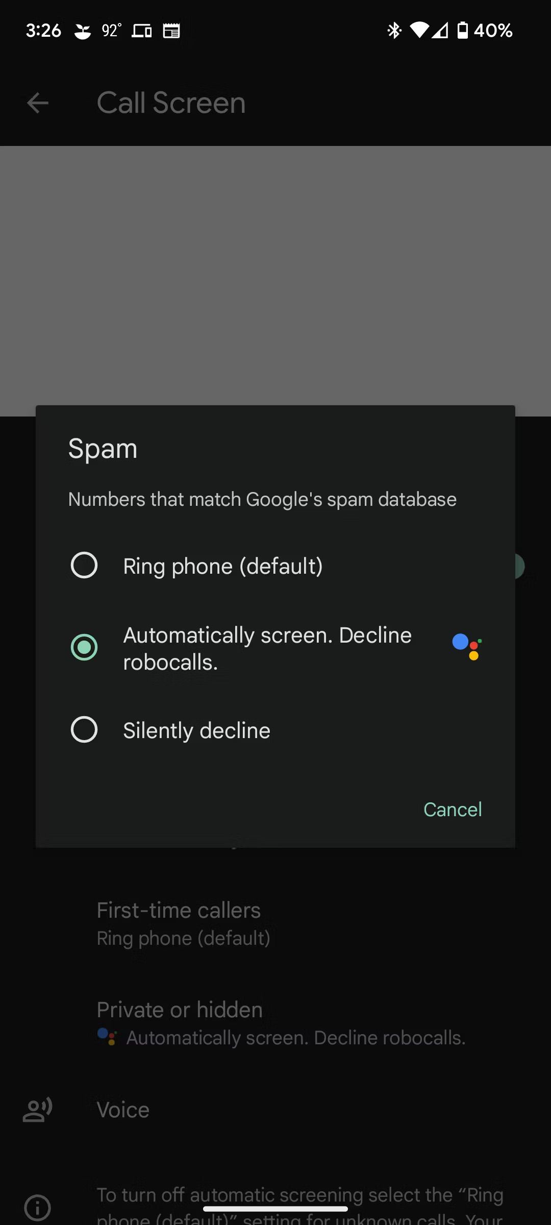 Old Google Pixel Call Screening options