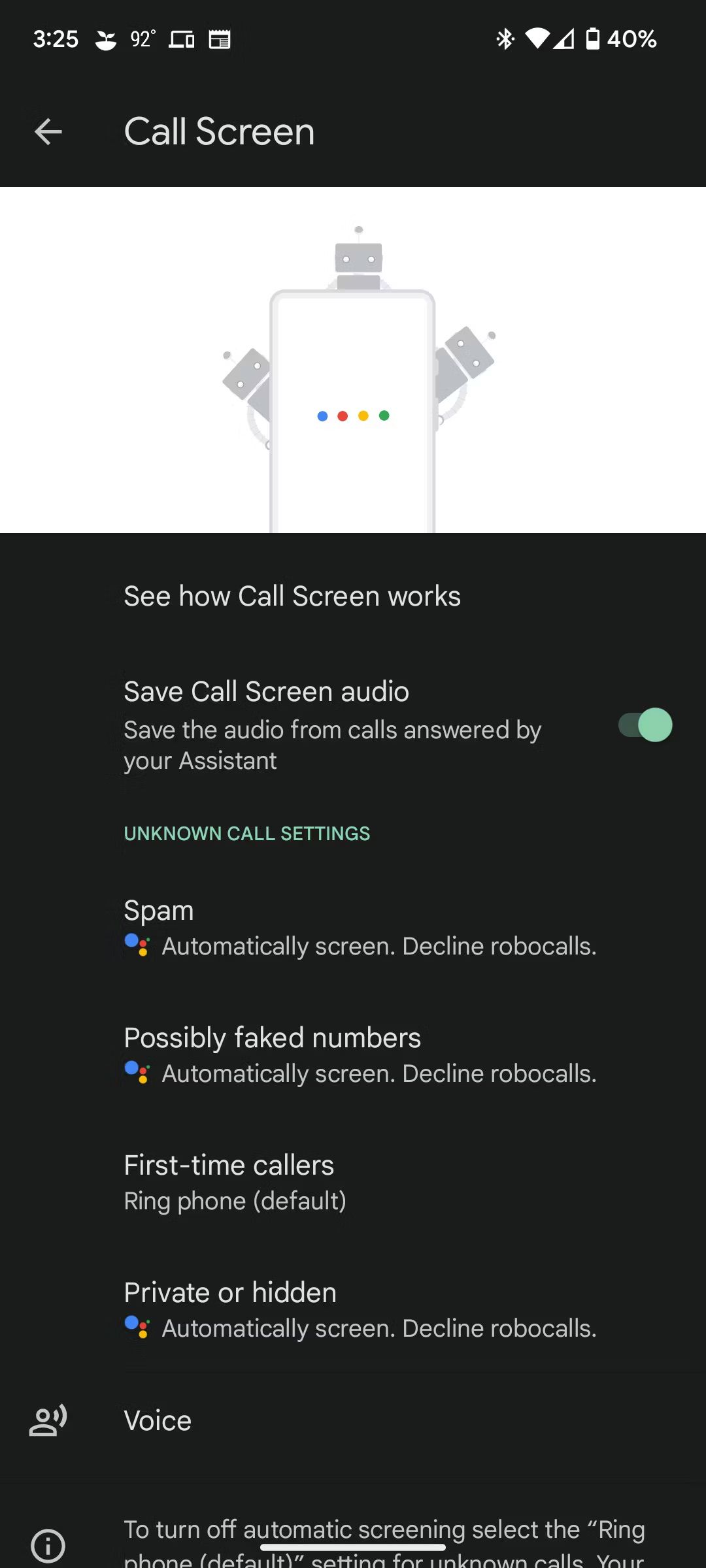 Old Google Pixel Call Screening options