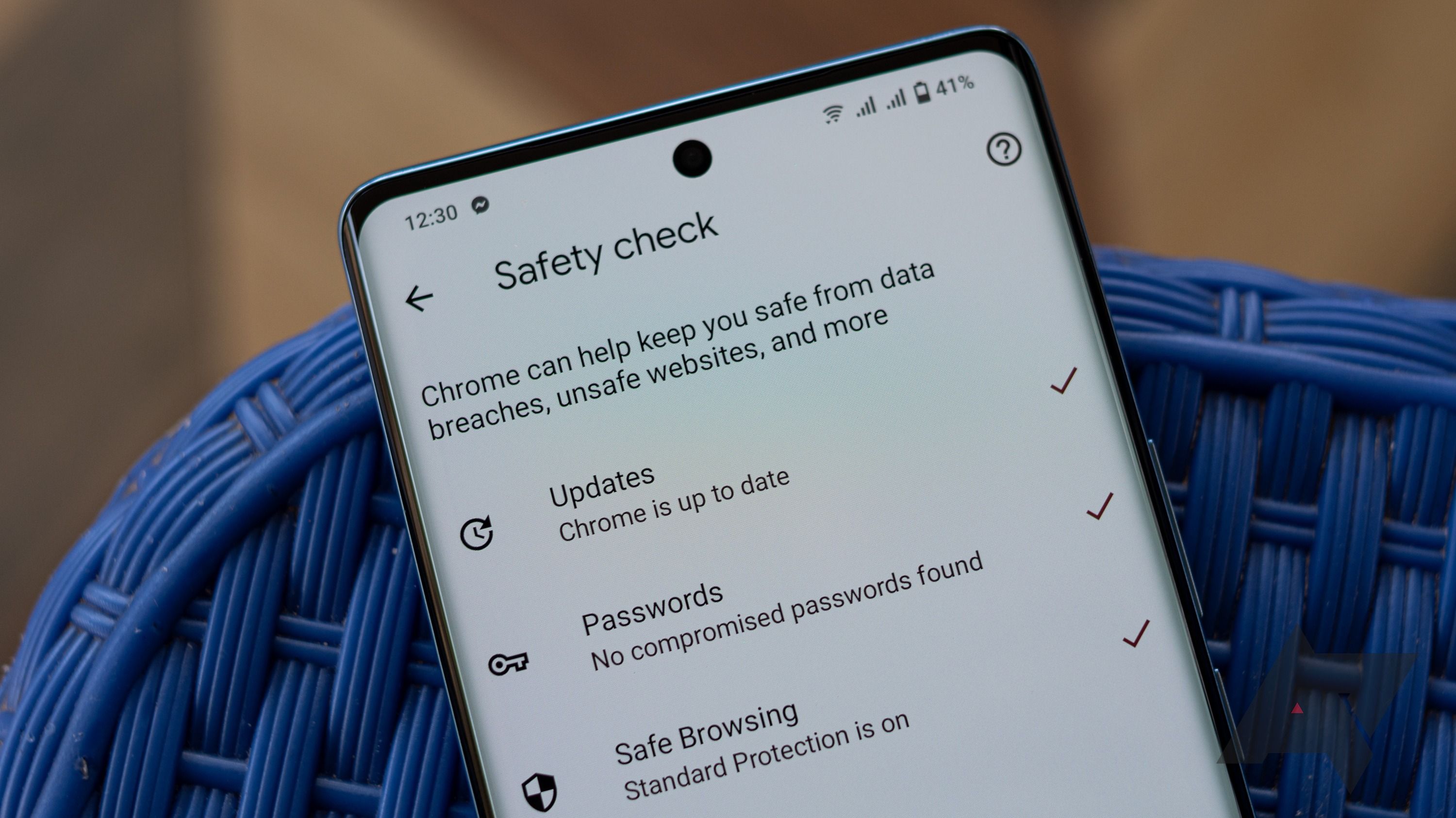 Google safety check interface on a phone screen