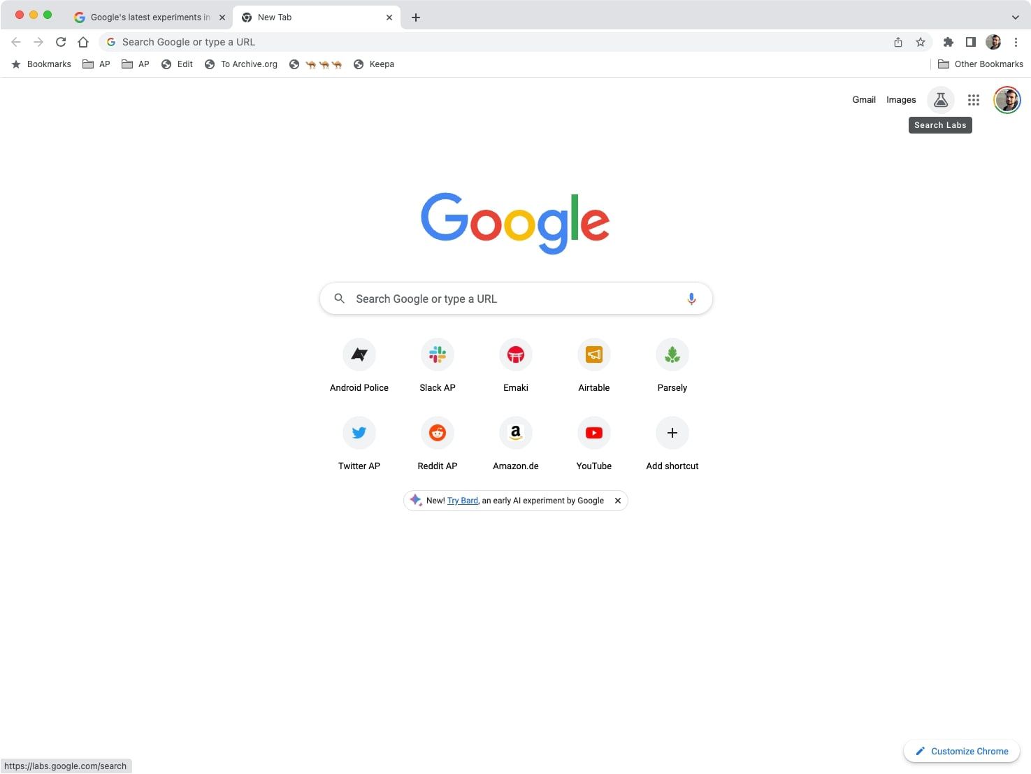 screenshot of google chrome browser new tab page with labs icon highlighted