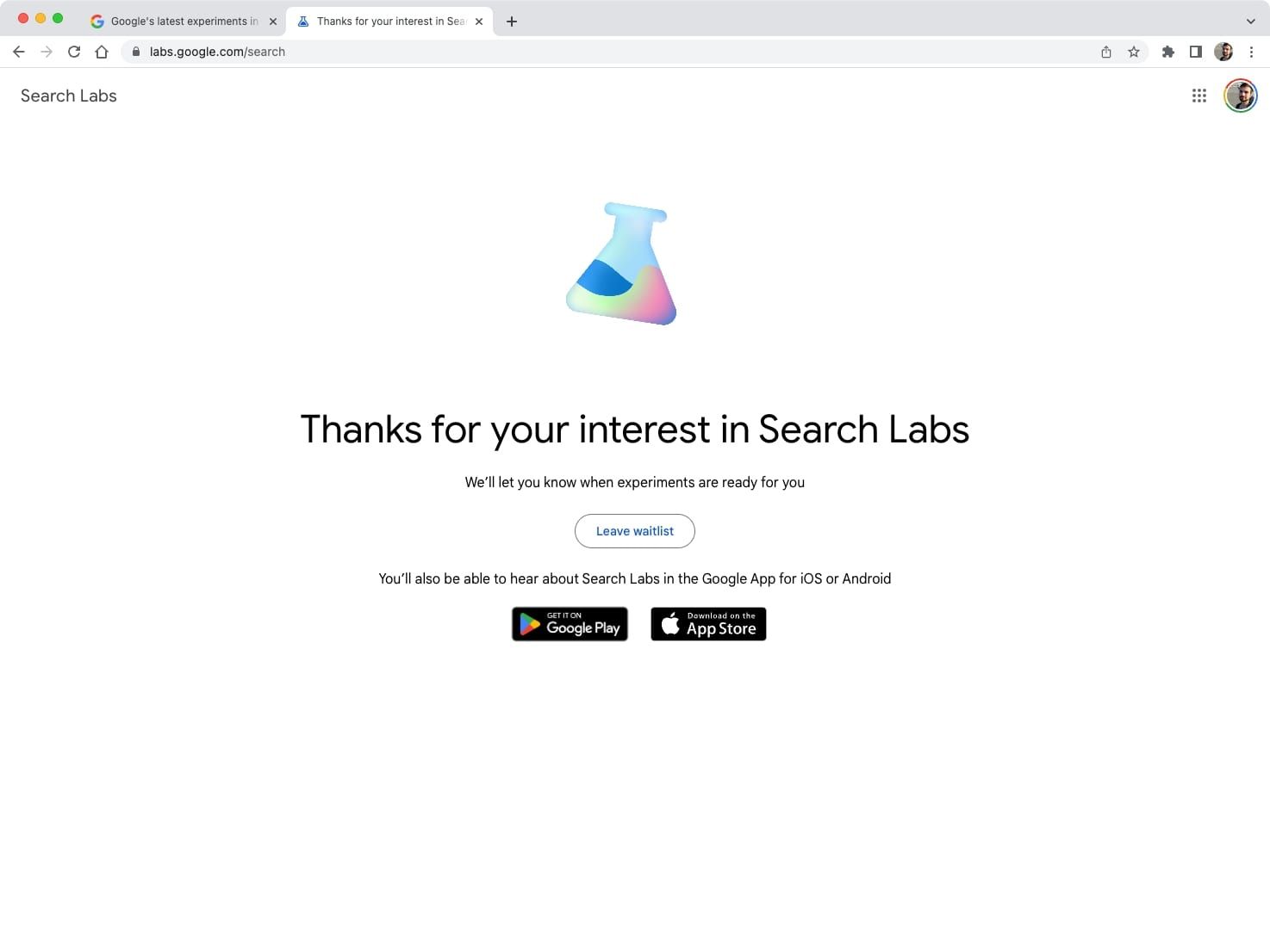 screenshot of signup page for search labs on google chrome with white background