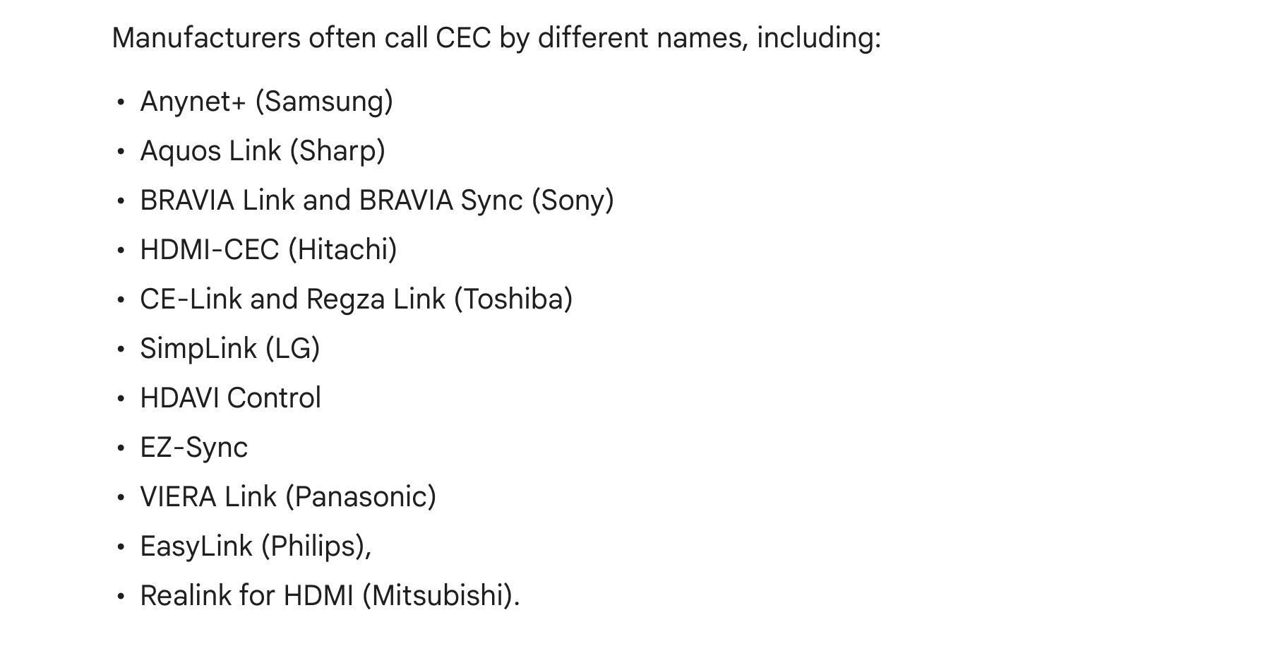 Google's list of various brand names for HDMI-CEC.