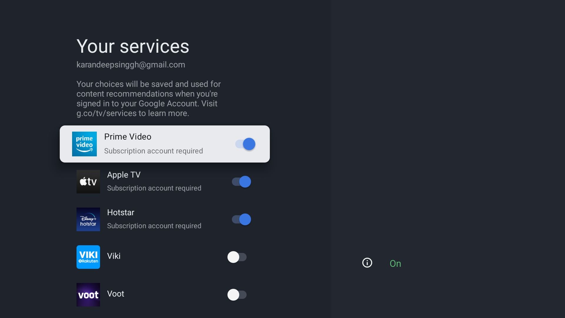 The Google TV Your services selector page.
