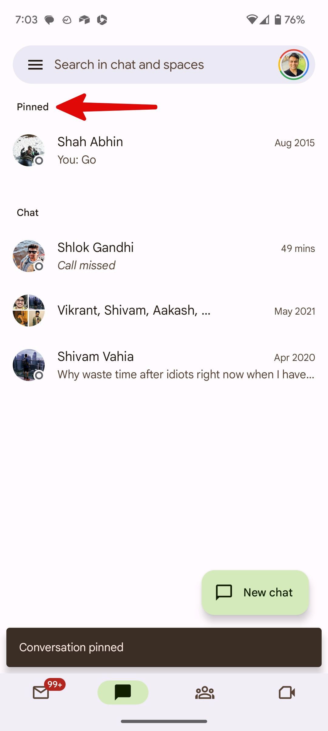 pinned conversations in Google Chat