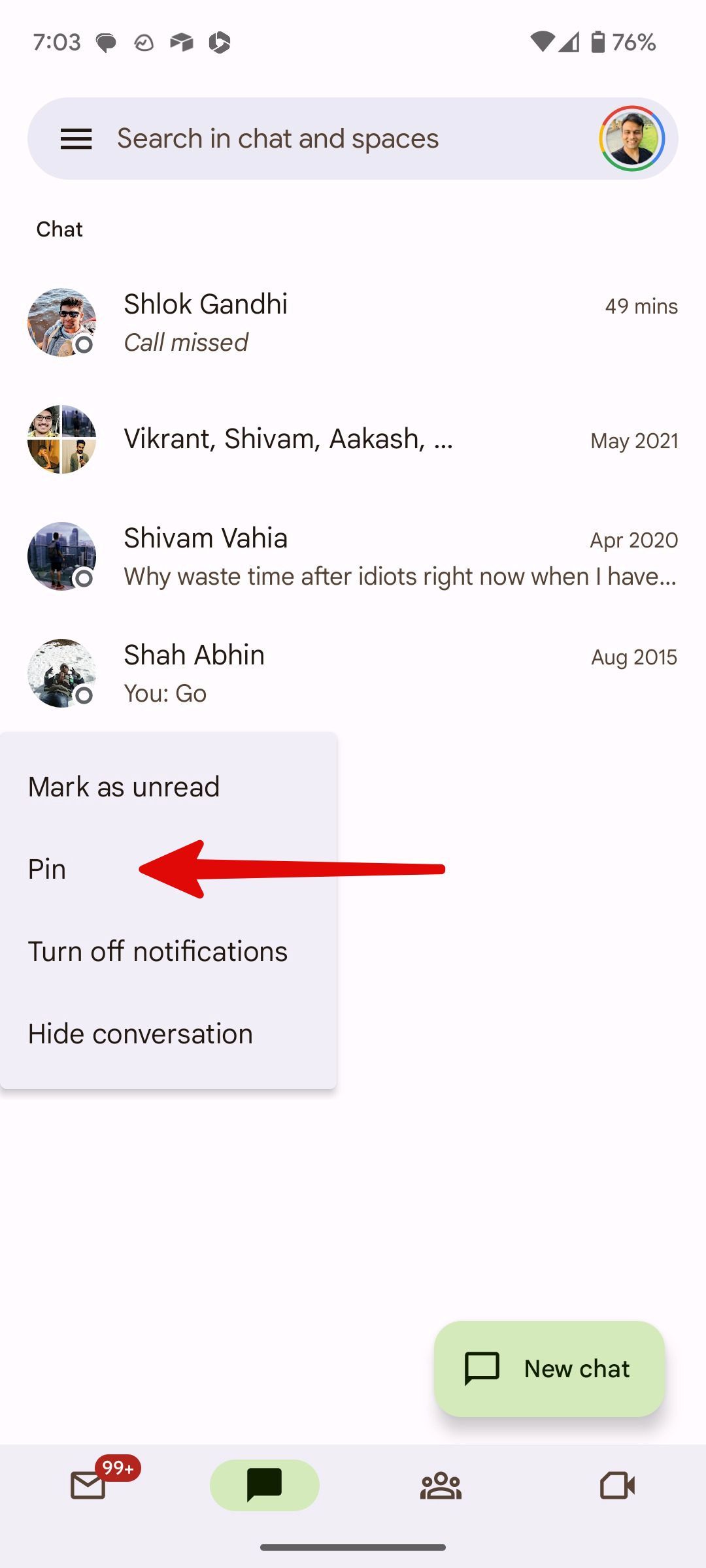 pin a chat in Google Chats