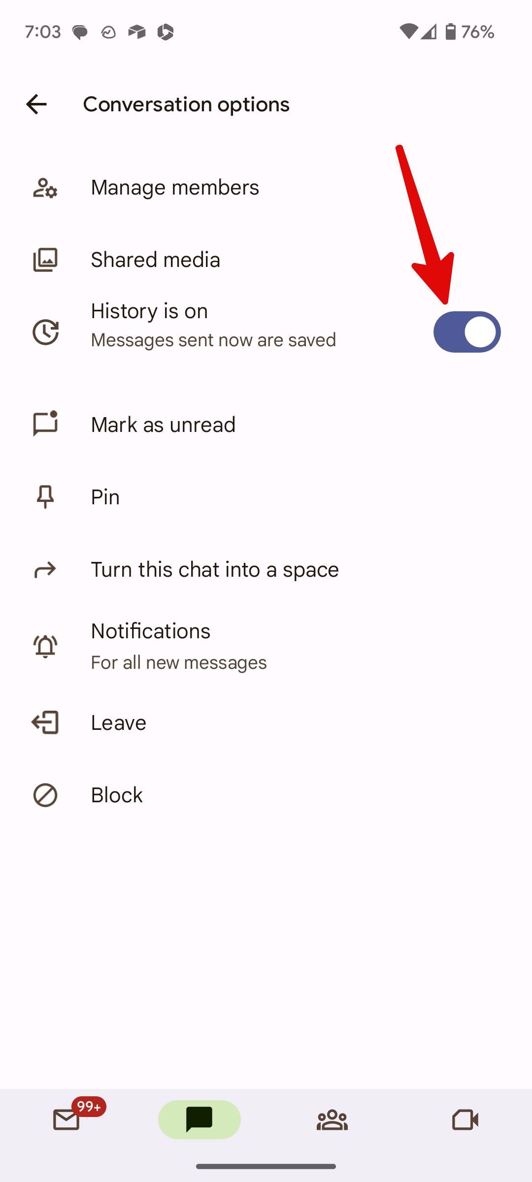disable history in Google Chat