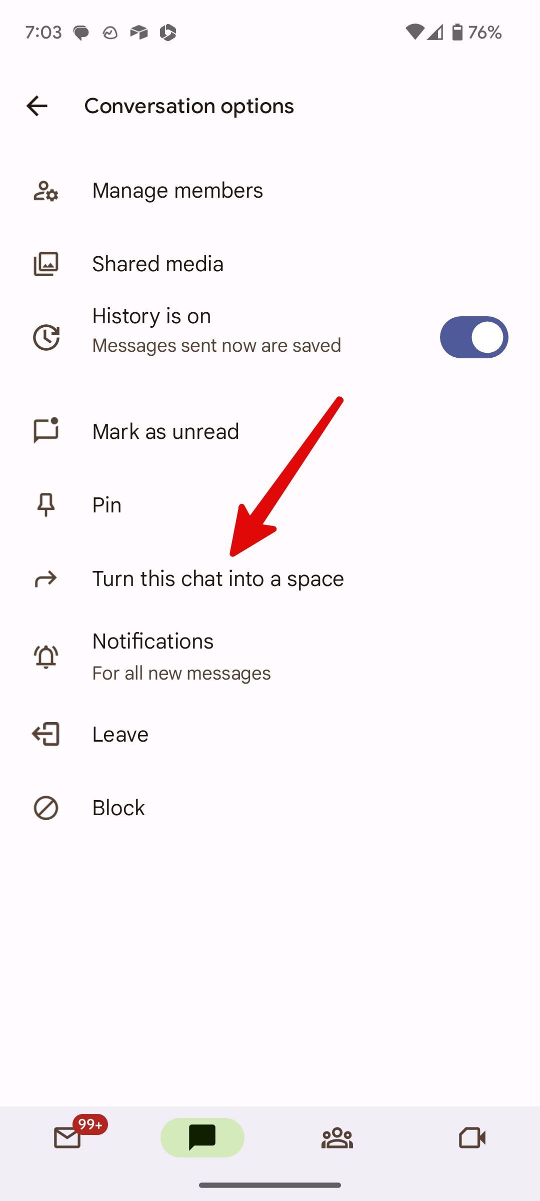 turn Google Chat group into space