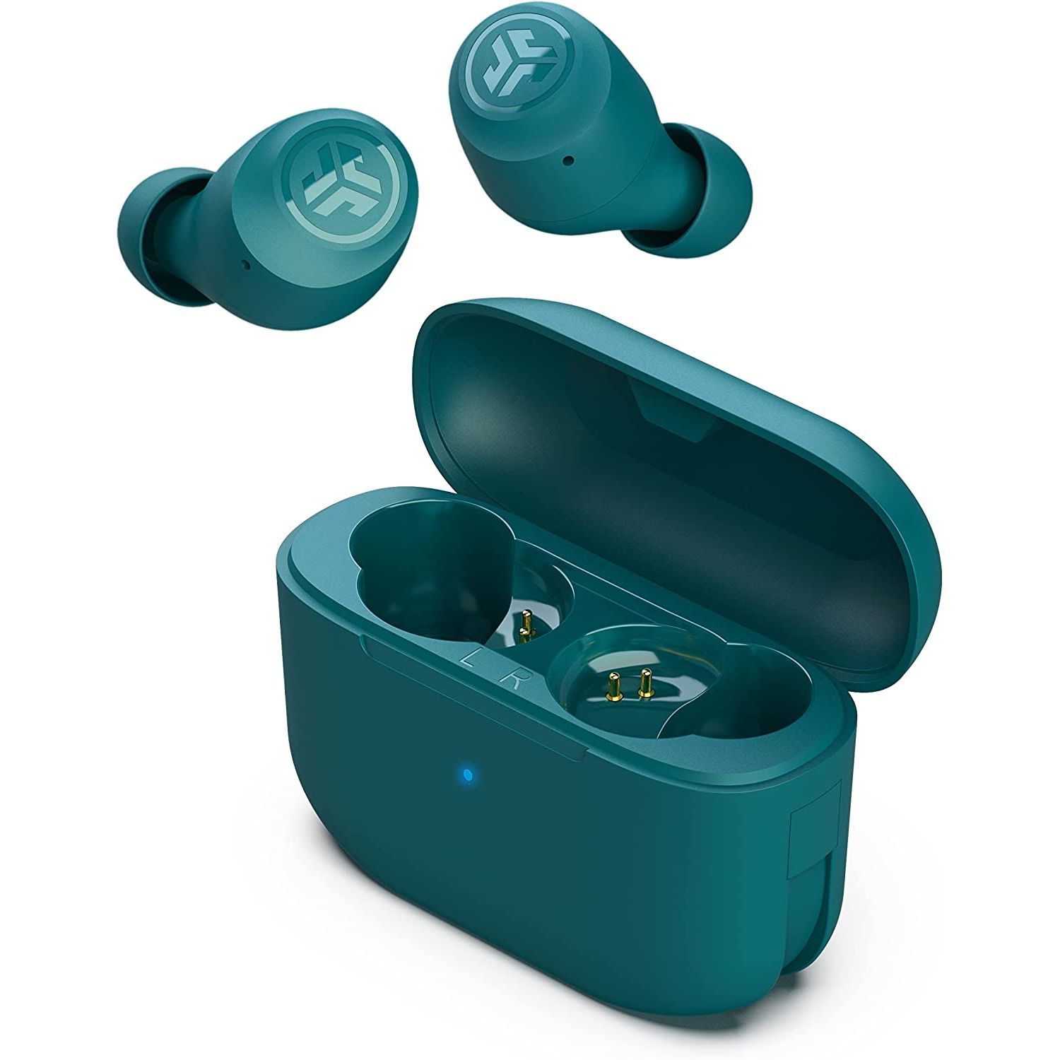 JLab Go Air Pop true wireless earbuds floating above case, in white background